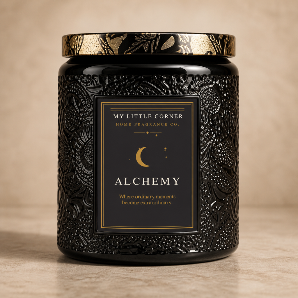 A black textured glass jar candle with a gold patterned lid and a black label featuring gold text that reads 'MY LITTLE CORNER HOME FRAGRANCES CO. ALCHEMY'.