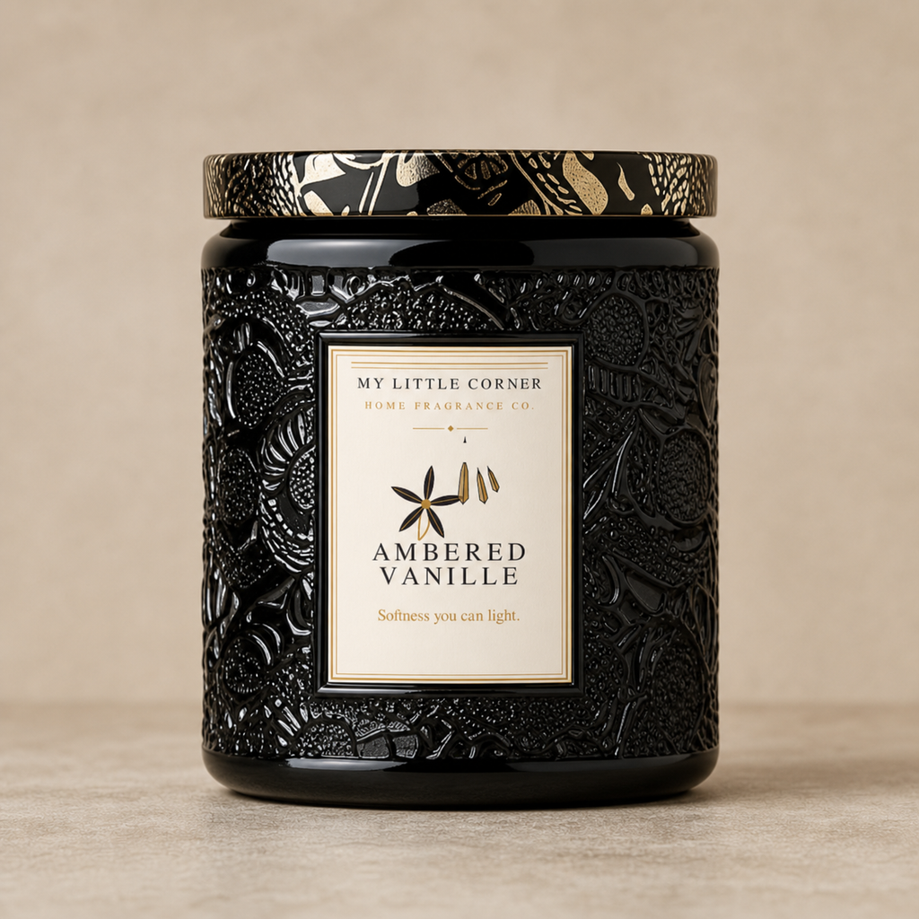 A black scented candle jar with an embossed floral pattern and a cream label reading 'MY LITTLE CORNER HOME FRAGRANCE CO. AMBERED VANILLE'.